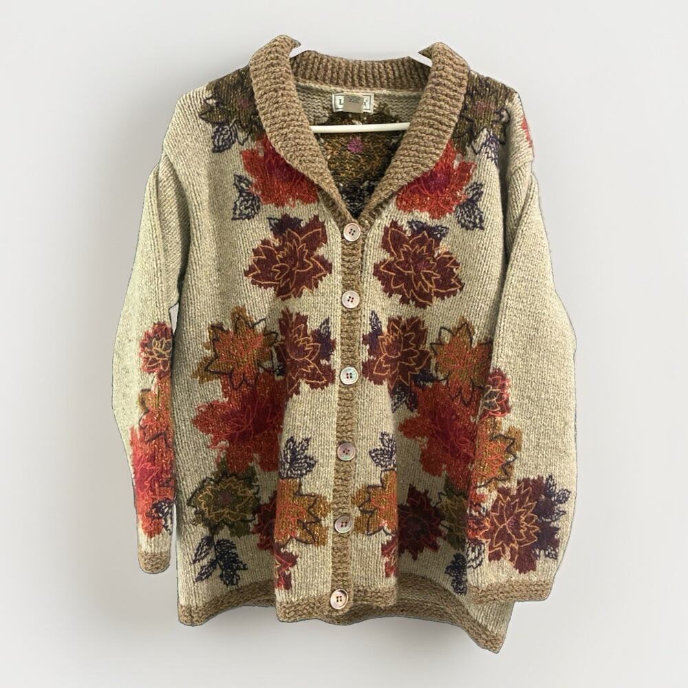 LL BEAN Sz Med Embroidery Wool Silk Blend Cardigan Sweater Leaves Fall Vintage